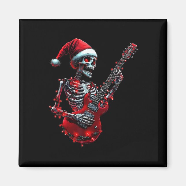 Imã Cranio de Esqueleto de Natal Tocando Guitarra Rock (Frente)