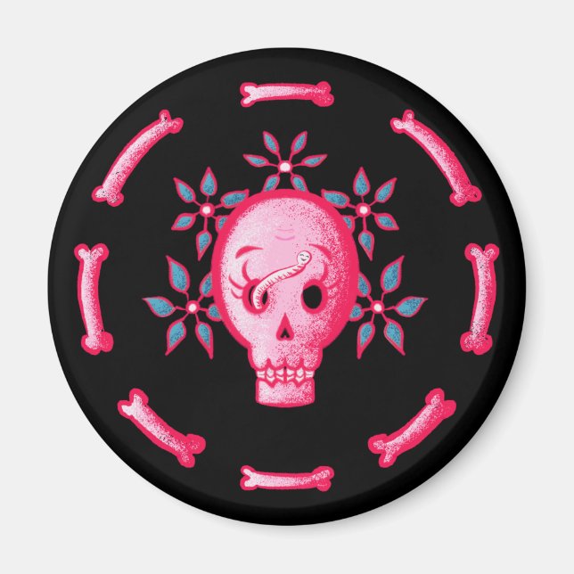 Imã Crânio Engraçado A Rosa Com Flores E Ossos (Frente)