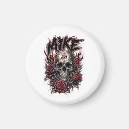 Imã Crânio Gótico Mike com Rosas Vermelhas e Chamas