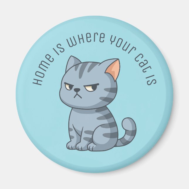 Imã Cranky Grey Tabby Cat Custom Text Blue (Frente)