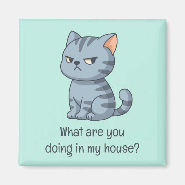Imã Cranky Grey Tabby Cat Funny Text Green (Frente)