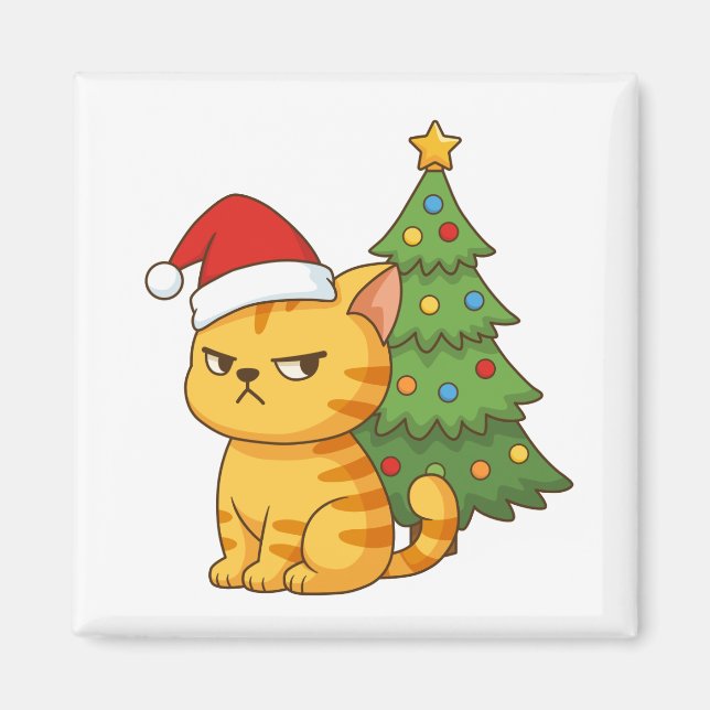 Imã Cranky Orange Tabby Cat Red Hat Christmas Tree (Frente)