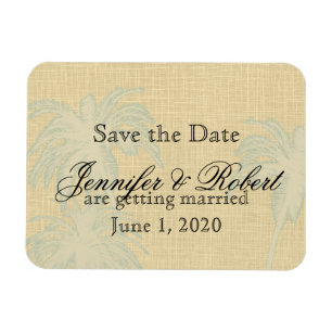 Ímã Cream Linen Blue Palm Trees Casamento Salvem a Dat
