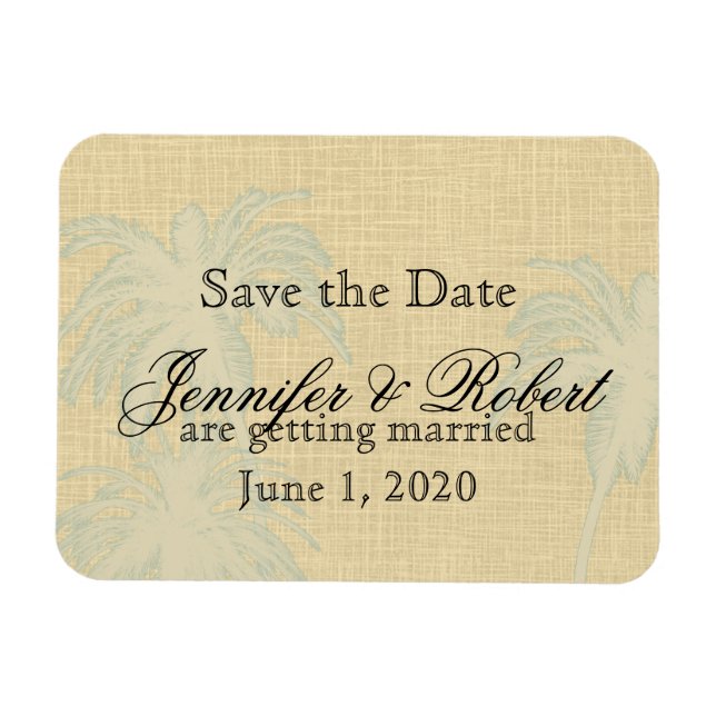 Ímã Cream Linen Blue Palm Trees Casamento Salvem a Dat (Horizontal)