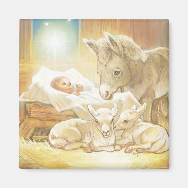 Imã Criança Jesus Natividade com Lambs e Donkey (Frente)