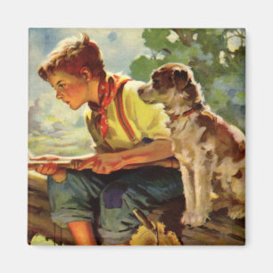 Imã Criança Vintage, Garoto pescando com seu Cachorro