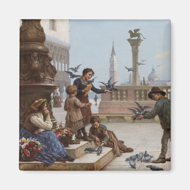 Imã Crianças alimentando pombos em Veneza (por Paolett (Frente)