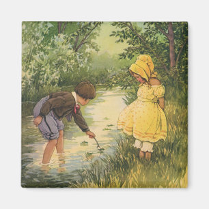 Imã Crianças, menino e menina do vintage jogando pela