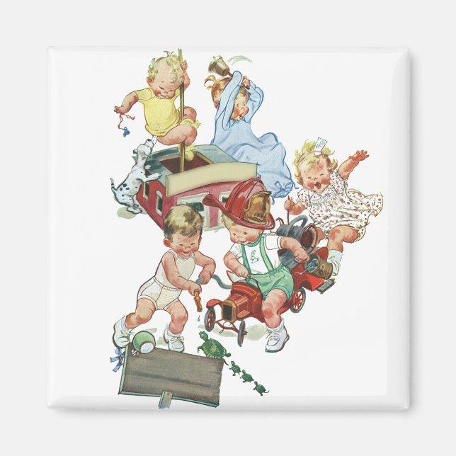 Imã Crianças Pequenas Antigas Brincando com Caminhões  (Frente)