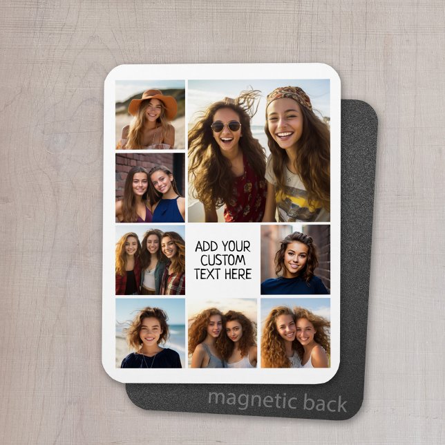 Ímã Criar uma Colagem de Fotos Personalizada com 8 Fot (Personalized refrigerator magnet with photo collage and custom text - add 8 photos to this design)