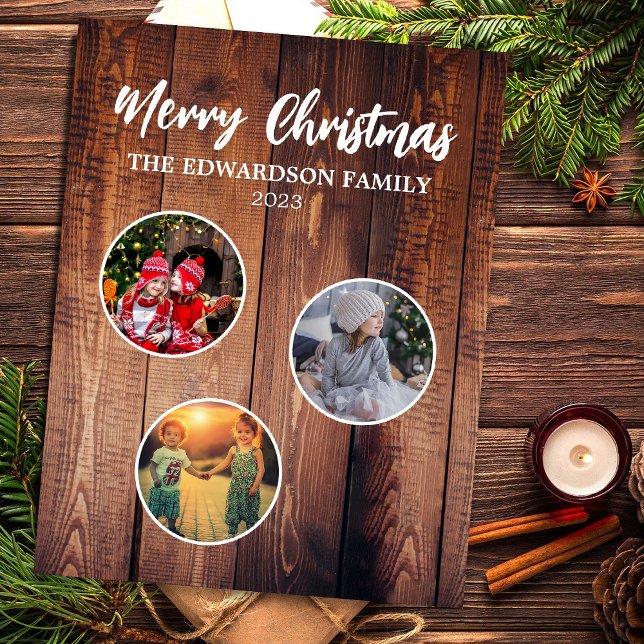 Ímã Crie sua própria colagem de fotos da família de na (Send your friends and family this beautiful rustic photo collage Christmas flexible magnet card.)