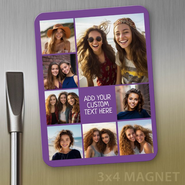 Ímã Crie uma colagem de fotos personalizada com 8 foto (Personalized magnet with photo collage and text)