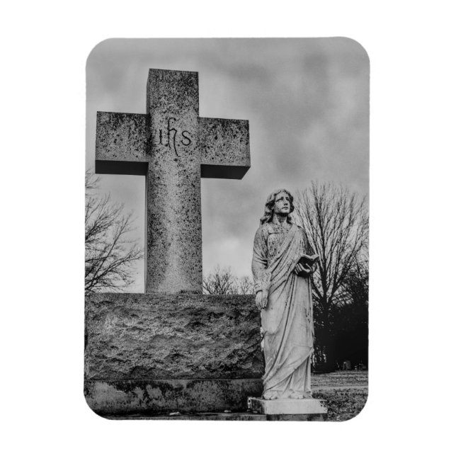 Ímã Crucifixo e anjo em preto e branco  (Vertical)