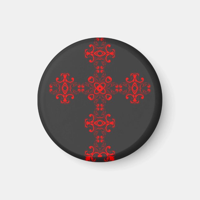 Imã Cruz Com Ornamento Vermelho Arte Decorativa Sagrad (Frente)