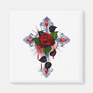 Imã Cruz de Prata com Rosa vermelha