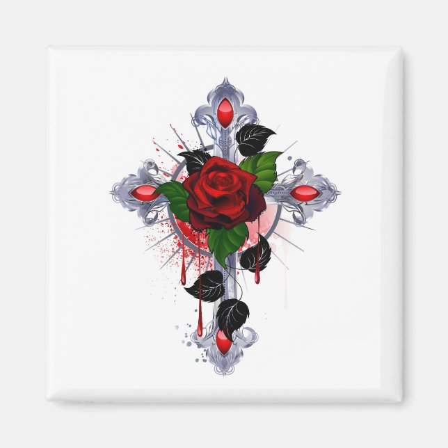 Imã Cruz de Prata com Rosa vermelha (Frente)