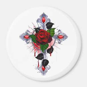 Imã Cruz de prata com uma rosa vermelha