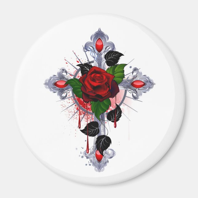 Imã Cruz de prata com uma rosa vermelha (Frente)