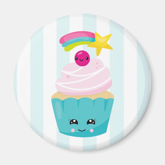 Imã Cupcake azul-bonito com a face Kawaii (Frente)