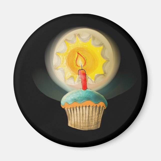 Imã Cupcake de Aniversário com Botão de Vela Brilhante (Frente)
