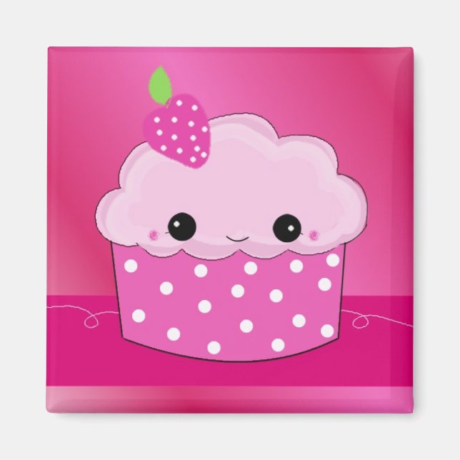 Imã Cupcake de Morango com Pontos Rosa (Frente)