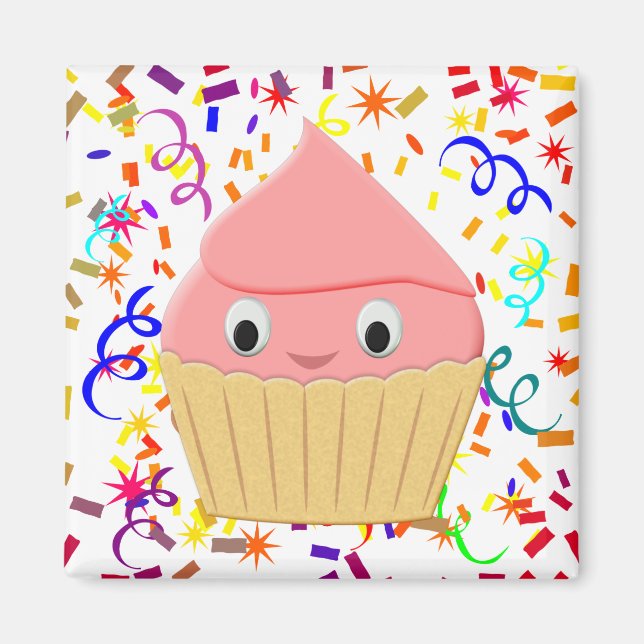 Imã Cupcake De Morango De Cartoon Bonito Com Confetti (Frente)