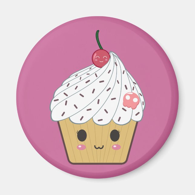 Imã Cupcake Kawaii com Crânio e Cereja de Açúcar Rosa (Frente)