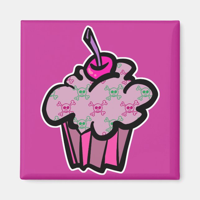 Imã cupcake rosa punk crânio ossos cruzados (Frente)