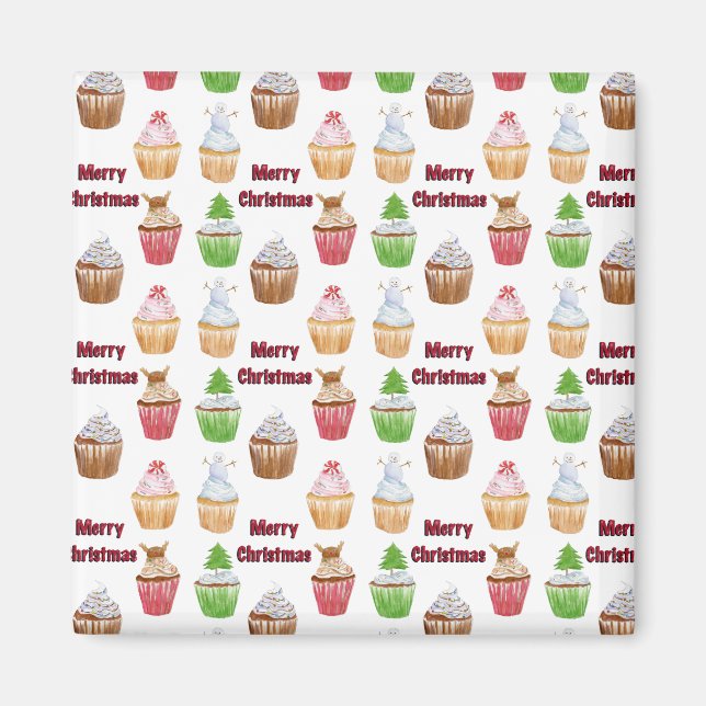 Imã Cupcakes de Natal em Aquarela Feliz Natal (Frente)