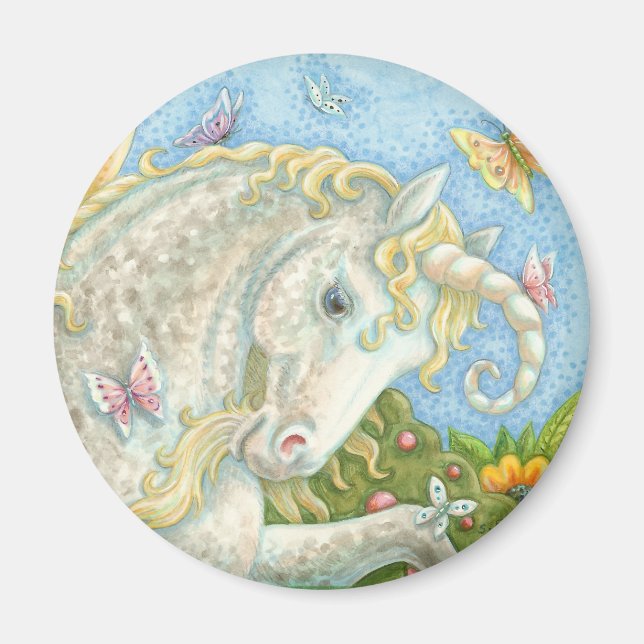 Imã Curly Horned Unicorn Fantasy ROUND MAGNET (Frente)