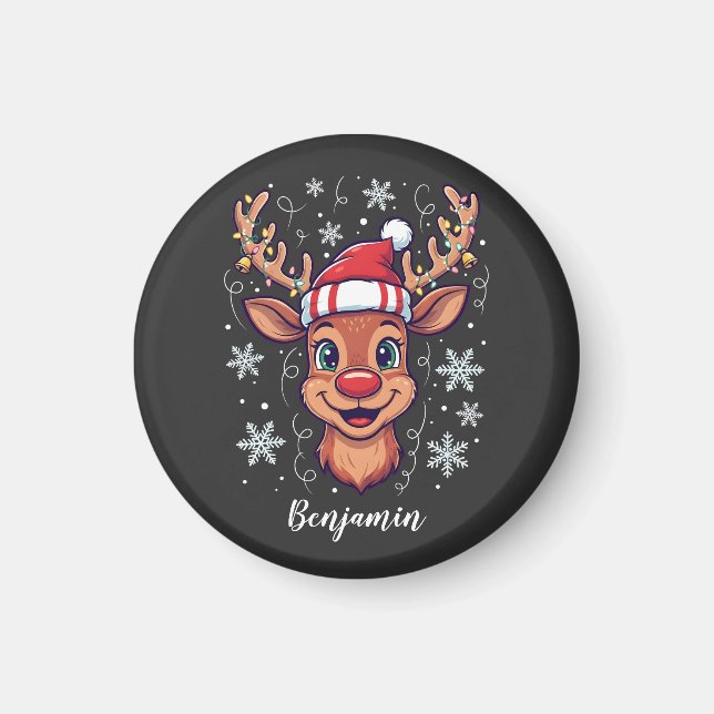 Imã Custom Christmas Cheer Cute Reindeer in Hat  (Frente)