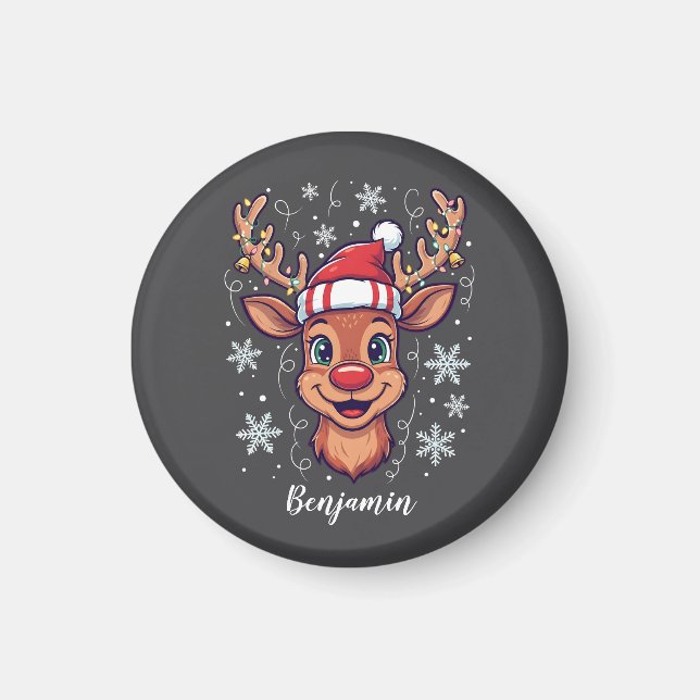 Imã Custom Christmas Cheer Cute Reindeer in Hat  (Frente)