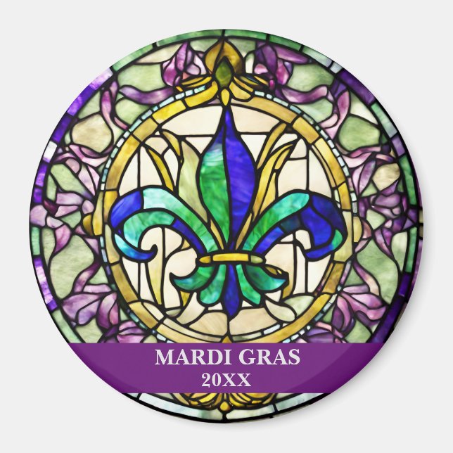 Imã Custom Faux Stained Glass Mardi Gras Flower (Frente)