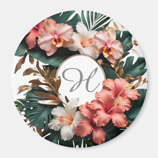 Imã Custom Floral Monogram Tropical Fridge Magnet (Frente)