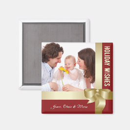 Imã Custom Name & Photo Holiday Red, Gold Bow