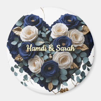 Imã Custom Navy Gold Floral Monogram Round Magnet
