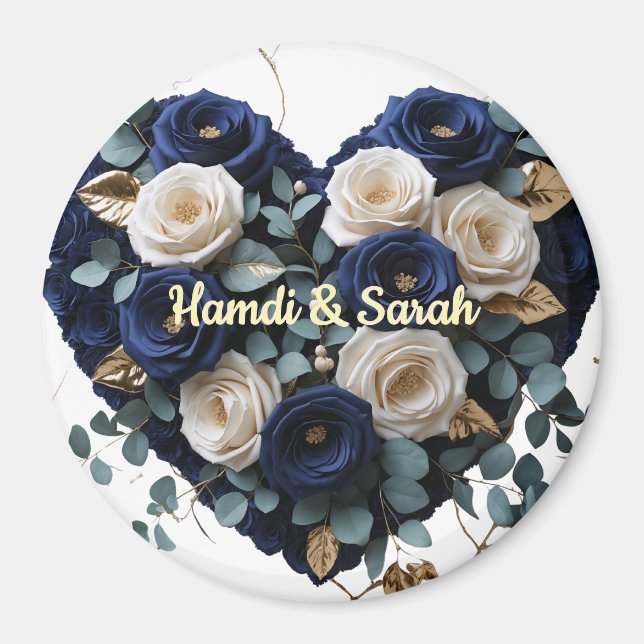 Imã Custom Navy Gold Floral Monogram Round Magnet (Frente)