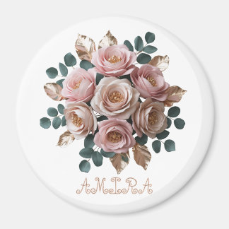 Imã Custom Rose Gold Floral Monogram Round Magnet