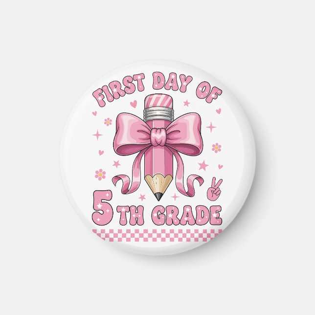 Imã Cute 5th Grade Girl Pink Bow Groovy Pencil Design (Frente)