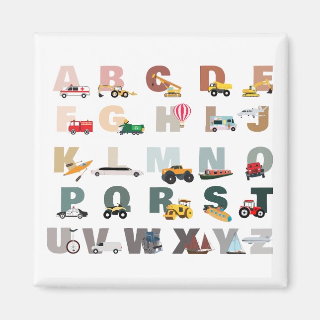 Imã Cute Alphabet ABC Trucks, Veículos De Transporte (Frente)