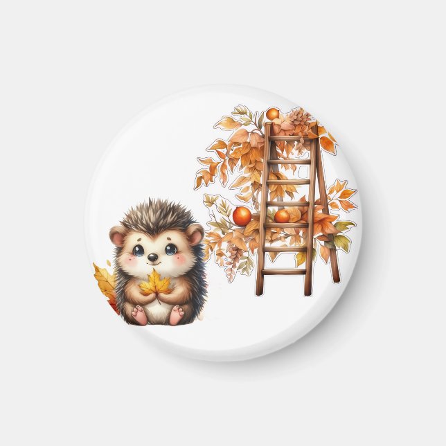 Imã Cute Autumn Hedgehog with Harvest Ladder Illustrat (Frente)