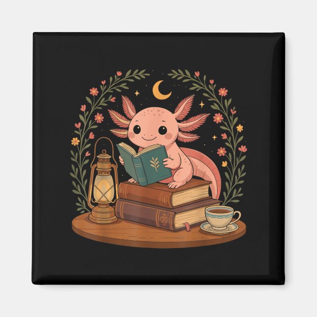 Imã Cute Axolotl Reading Books Cozy Bookworm  (Frente)