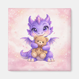Imã Cute Baby Dragon Hugging Teddy Bear Square Magnet