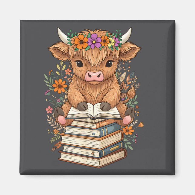 Imã Cute Baby Highland Cow Reading Book Librarian Book (Frente)