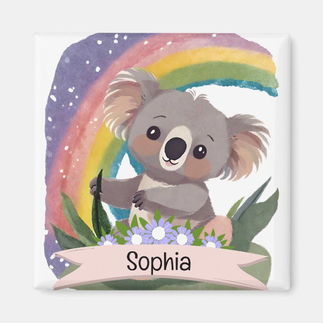 Imã Cute Baby Koala Rainbow Nome Personalizado (Frente)