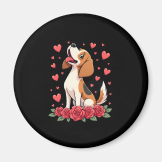 Imã Cute Beagle with Red Roses Hearts Floral Valentine