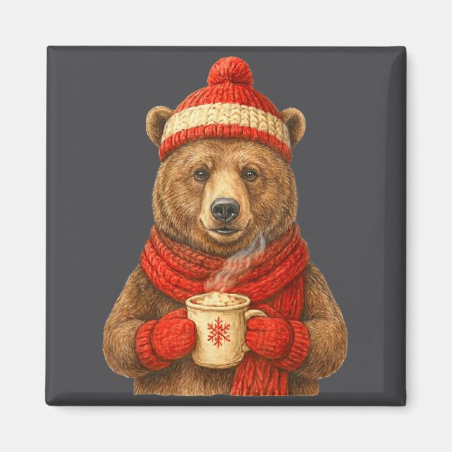 Imã Cute Bear With Santa Hat Coffee Lover Funny Winter (Frente)