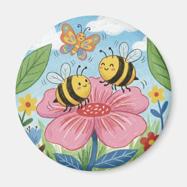 Imã Cute Bee Whimsical Flower Garden (Frente)