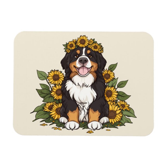 Ímã Cute Bernese Mountain Dog Wearing Sunflower Crown (Horizontal)