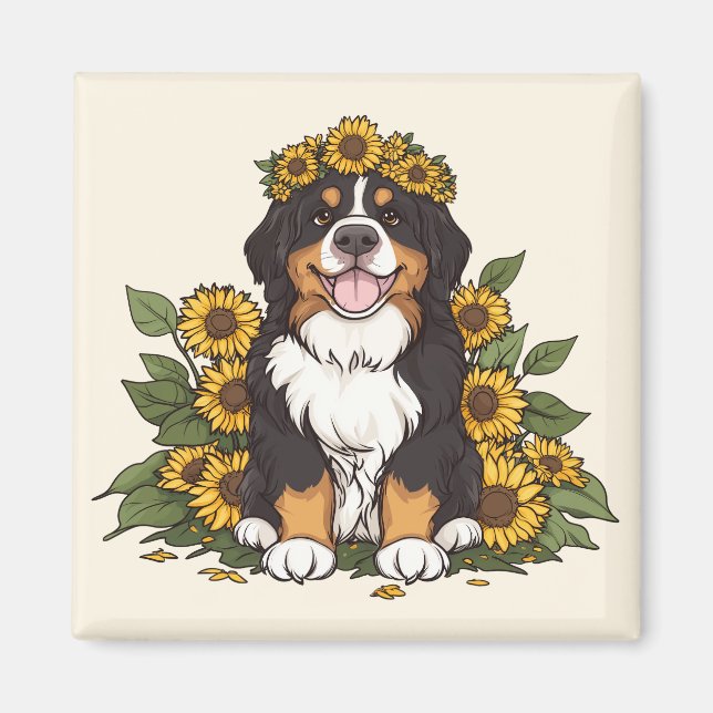 Imã Cute Bernese Mountain Dog Wearing Sunflower Crown (Frente)